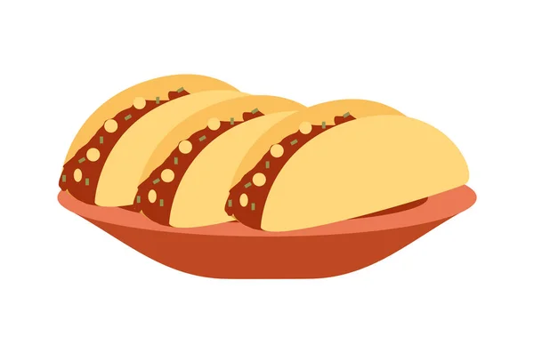 墨西哥咖啡店或餐馆的模板 墨西哥菜平面矢量插图 展示提供玉米卷的方法 白色背景下隔离的带有肉填充物的大型玉米饼粘土盘 — 图库矢量图片