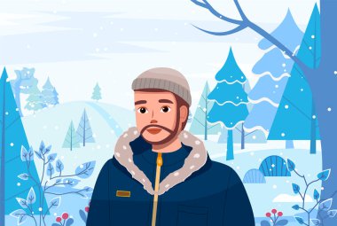 Kışın kar ormanlarında yaşayan bir adam. Genç sakallı adam kışın düz stil yürüyüşünde vektör çizimi yapıyor. Kapüşonlu ve güneşli bir kış gününde şapkalı, kalın bir ceket giyen erkek karakter.