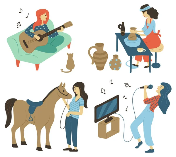 stock vector Guitarist player woman vector, isolated people hobby interests. Lady playing guitar sitting on sofa with cat, karaoke singing and horse equestrian sport, pottery