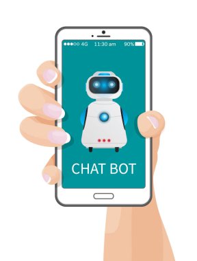 Cep telefonu olan bir kadın el ele tutuşuyor, yapay zeka. Droid sistemiyle çevrimiçi sohbet. Telefon ekranındaki asistanla konuşma simülasyonu, sohbet robotu, elektronik yaratık