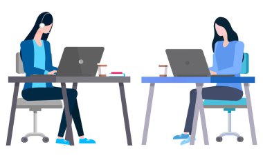 Kulaklıklı bir kadın, bilgisayar, banka memurları ya da ofis çalışanları üzerinde çalışan online danışmanlar. Vektör emlak komisyoncuları satışları ve planlamayı analiz eder