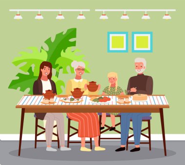 Aile, Rus usulü öğle yemeğinde. Akrabalar iletişim kuruyor ve geleneksel yiyecekler yiyorlar. Büyükanne torununa borsch ile kil çömlek verir. Pankek ve sarımsaklı çörekler.