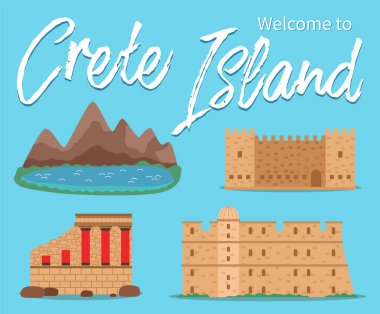 Crete Adası davetiye kartı çizimi. Turistler için mimari ve cazibe. Antik Yunan 'ın eski binaları. Dağlar ve göl manzarası. Mavi arkaplanda izole edilmiş kale