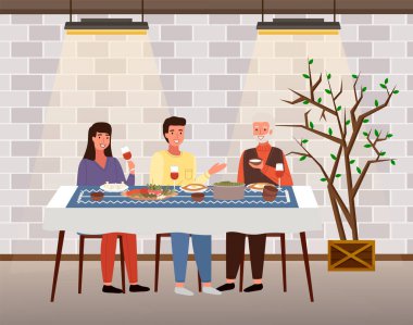 Aile, Gürcü usulü restoranda yemek yiyor. Akrabalar kafede geleneksel yemekler yerler. Gürcüler geleneksel yemekleri tadarlar. Khinkali ve adjarian khachapuri vektör illüstrasyonlu masa