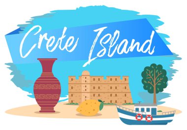 Girit Adası 'nın sembolleri ve mavi arka planda izole edilmiş cazibeler. Eski binalar ve çömlekçilik. Suyla yolculuk için gemi. Ağaçlı Yunan bölgesinin manzarası. Yeşil yapraklı sarı limon