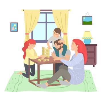 Mutlu bir aile masada oturup çocuklarla Jenga oynuyor. Ebeveynler eğitimsel oyunlarda çocuklarla oynuyorlar. Aile evde birlikte vakit geçirir. Anne, baba, kız, oğul