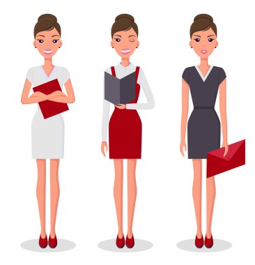 Farklı pozlar veren iş kadını. İş kıyafetleri içinde oldukça zayıf bir kadın karakter. Elinde klasörle farklı pozisyonlarda bir kız. Şirin, ince kadın karakteri.