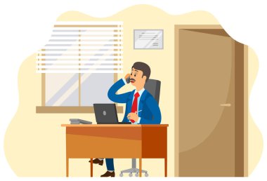 Gülümseyen adam resmi olarak telefonda konuşuyor. Bilgisayarda çalışan bir işadamı ofis masasında oturuyor. Yönetici dizüstü bilgisayarla çalışıyor. Ciddi adam iletişim kurar ve notlar alır.