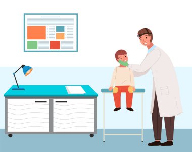 Doktor randevusunda boğazı ağrıyan bir hasta. Otolaryngologist küçük bir çocuğu tedavi ediyor. Hastanedeki bir muayenehanede hastası olan bir doktor. ENT çocuğun ağzını görebilmek için başını tutuyor.