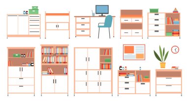 Bir tıp bürosu için mobilya seti. Dolaplar, çekmeceler ve beyaz arka planda izole edilmiş raflar. Hastane iç tasarımında mobilya düzenlemesi