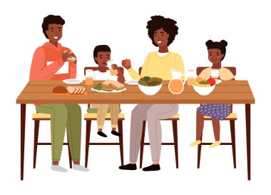 Aile sağlıklı yiyeceklerle yemek yer. Akrabalar doğal taze ürün vektör illüstrasyonunu yerler. Afro-Amerikalı insanlar beyaz bir arka planda yemek yiyorlar. Meyveli masa, salata ve sandviç.
