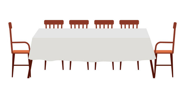 Дизайн интерьера столовой. Стол покрыт скатертью со стульями, изолированными на белом фоне. Мебельная модель из дерева для интерьера комнаты. Организация мебели в домашних условиях