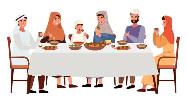 Άνθρωποι Εθνικές Στολές Τρώνε Εβραϊκά Φαγητά Έξω Αραβική Οικογένεια Κάθεται — Διανυσματικό Αρχείο