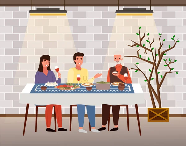Famille Dîne Avec Nourriture Dans Restaurant Style Géorgien Les Parents — Image vectorielle