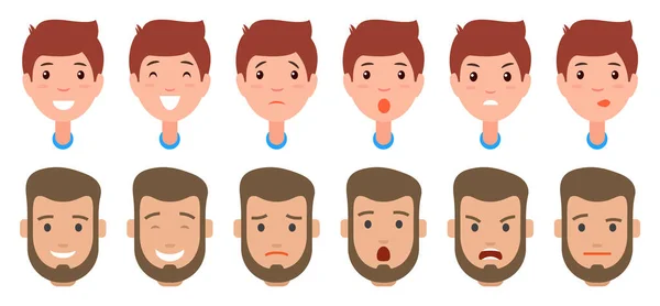 一组人物的情感 卡通矢量图解 男孩和满脸胡须的男人的面部情绪 Emoji有不同的表达方式 男性头部的前视图 尖叫的角色 — 图库矢量图片