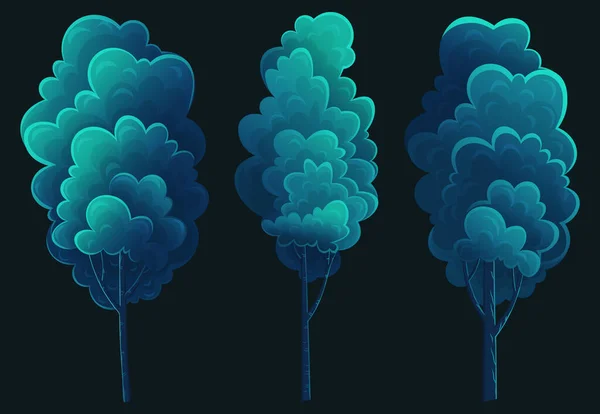 Árvores Altas Decíduas Cor Azul Escuro Estilo Cartoon Plana Isolado — Vetor de Stock