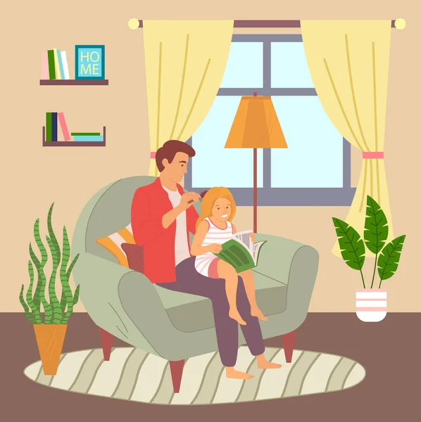 Konzept Der Vater Tochter Beziehung Elternschaft Papa Sitzt Sessel Wohnzimmer — Stockvektor