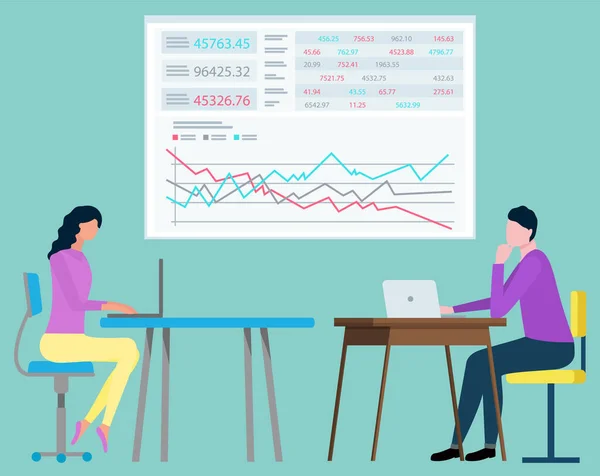 ラップトップでデスクトップに座っている女性の文字のサイドビュー 財務報告書 コンピュータ ビジネスチームワーク 投資ベクトルを扱う女性 — ストックベクタ