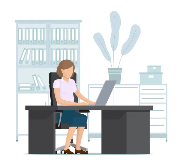书桌上带着笔记本电脑的女性角色 女商人或处理电子文件的办事员 女经理穿着正装 上班族 企业家在电脑上工作 — 图库矢量图片