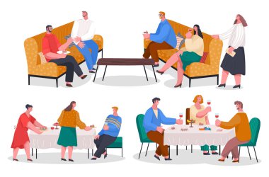 İnsanlar akşam yemeği yer, evde parti verir. Yiyecek ve içeceklerle aile toplantısı. Arkadaşlar birlikte vakit geçiriyorlar. Kadın ve erkeklerin eğlendiği bir dizi resim. Düz biçimdeki ziyafetin vektör çizimi