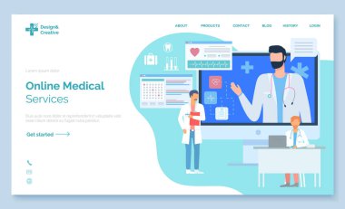 Çevrimiçi tıbbi hizmetler, tıbbi web sitesinin iniş sayfası. Doktorlar online danışmanlık yapıyor. Masada dizüstü bilgisayarla oturan bir terapist. Doktor bilgisayardan konuşuyor. Online tedavi, çevrimiçi yardım