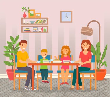 Mutlu aile yemekleri. Aile üyeleri, gülümseyen anne, baba, oğul ve kız birlikte oturma odasında yemek yiyorlar. Ebeveynler çocuklarla vakit geçirir.