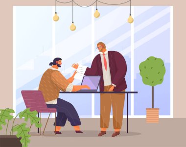 Çalışanlar iletişim kuruyor ve birlikte çalışıyorlar. Ofiste takım çalışması ve beyin fırtınası. Personel bilgisayardan mali verileri inceliyor. Çocuklar bir belgeyi tartışıyor ve evrak işlerini hallediyorlar.