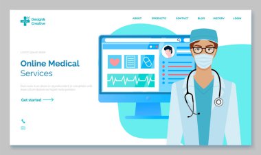 Fonendoskoplu kadın doktor. İnternette tıbbi hizmet sağlama başvurusunun reklamı. Kızın yarı vücut portresi. İniş sayfası şablonu. Sağlık analizi için web sitesi