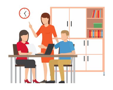 Ofiste konuşan ve birlikte çalışan bir grup insan. Personel iletişim konsepti. İş ortakları toplantısı, projeyi kağıt üzerinde tartışmak. Beyin fırtınası, takım işadamı müzakere.