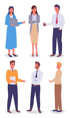 Bir grup farklı ofis çalışanı. Resmi giyinmiş erkek ve kadınlar, elinde kahve olan bir adam, dizüstü bilgisayarı olan bir kadın. Farklı bağlantıların çalışanları. Menajerler, patronlar, astlar. Ofis personeli, düz görüntü