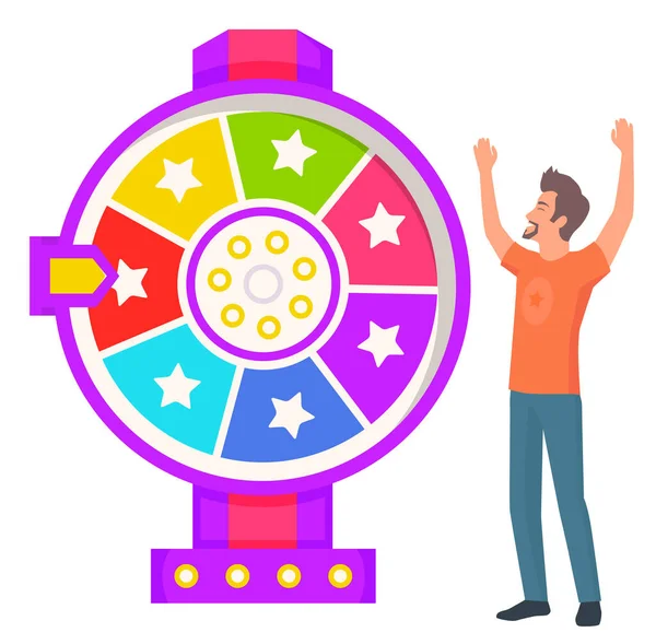 Spelet Lyckohjulet Koncept Man Spelar Riskspel Med Lyckohjul Och Lotteri — Stock vektor