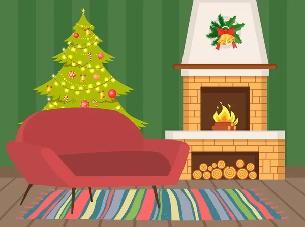 Interior Tradicional Habitación Navidad Árbol Navidad Con Decoración Navideña Luces — Archivo Imágenes Vectoriales