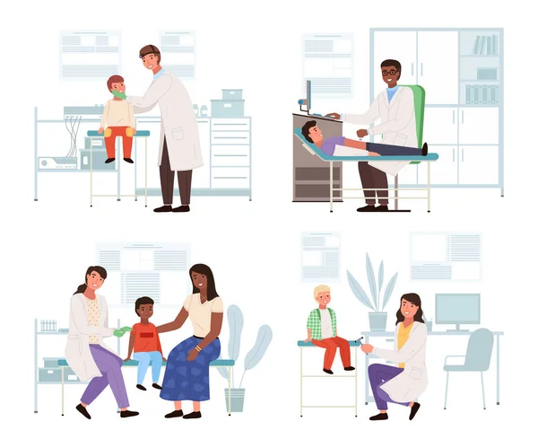 환자들의 검진에 일련의 삽화가 있습니다 의사는 병원의 어린이들을 소아과 의사를 — 스톡 벡터