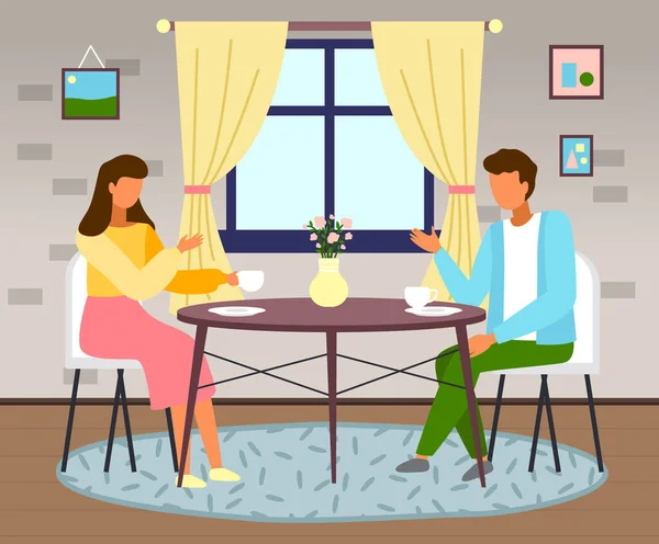 Kadın Erkek Evin Içinde Kahveyle Masada Oturuyorlar Evli Çift Evdeki — Stok Vektör