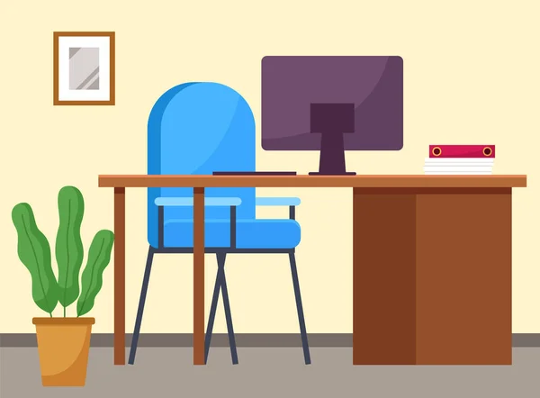 Modern Workplace Flat Design Office Chair Office Desk Computer Monitor — Stock Vector