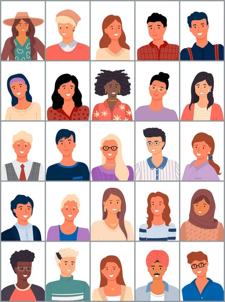 Комплект Аватаров Плоском Исполнении Позитивные Аватары Молодых Людей Разных Национальностей — стоковый вектор