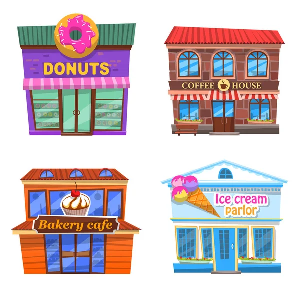 Colección Café Donuts Cafetería Panadería Cafetería Heladería Diferentes Lugares Para — Vector de stock