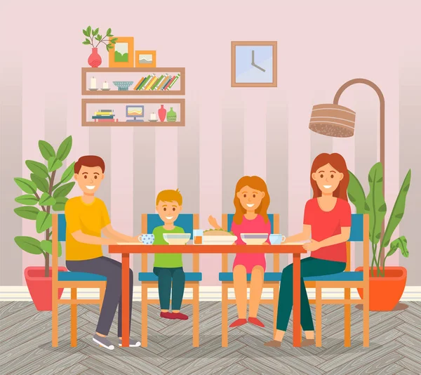 祝你全家在家里吃饭愉快 家人笑着母亲 儿子和女儿一起坐在餐桌前 在客厅里吃饭 父母花时间与孩子在一起 — 图库矢量图片