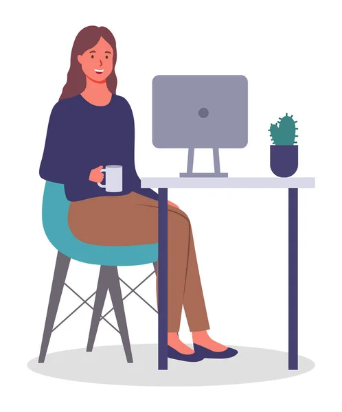 拥有计算机的女性 拥有现代设备的办公室职员 商业女性和科技女性的工作场所 以及拥有杯子 矢量平面卡通人物的舒适椅子旁坐着的写字楼 — 图库矢量图片