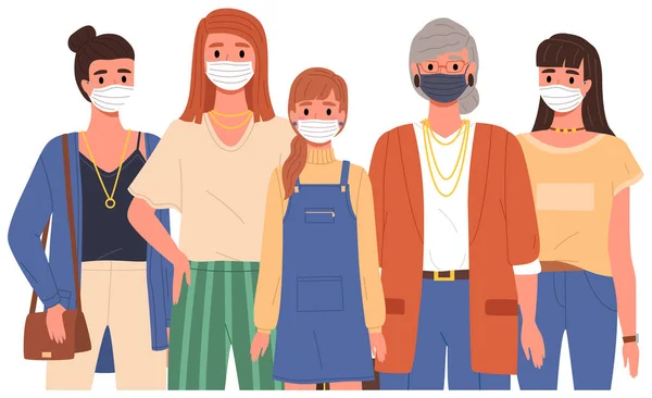 Άνθρωποι Φοράνε Ιατρικές Μάσκες Γυναίκα Σταθεί Δίπλα Δίπλα Και Θέτουν — Διανυσματικό Αρχείο
