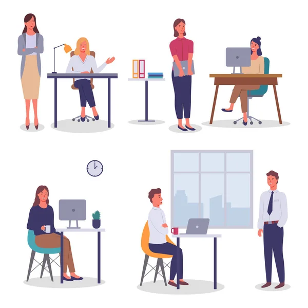 Abbildungen Büroangestellte Sitzen Tischen Mit Computern Oder Laptops Kollegen Kommunizieren — Stockvektor