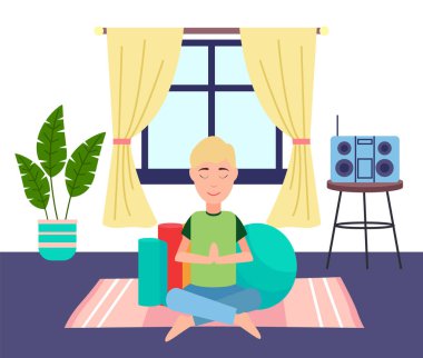Genç sarışın adam oturma odasındaki pembe kare halıda meditasyon yapıyor. Paspaslar, büyük bir spor topu. Stereo sistemi yuvarlak masada, saksı bitkisi. Oturma odasının içi rahat. Yoga yap, rahatla. Evde kal.