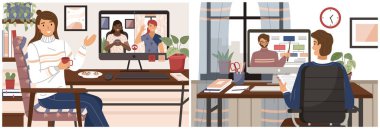 Arkadaşlar birbirleriyle görüntülü görüşme, online konferans yoluyla konuşuyorlar. Web kamerası, telekomünikasyon ve iki sahneden oluşan uzaktan eğitim konsepti üzerinden çevrimiçi kursları izleyen bir adam