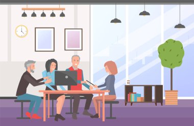 İş adamları iletişim kuruyor, bir projeyi tartışıyorlar. İş toplantısında mutlu ortaklar, çalışma süreci. Ofisteki masada oturan bir grup iş arkadaşı, sözleşmenin sonucunu konuşuyorlar.