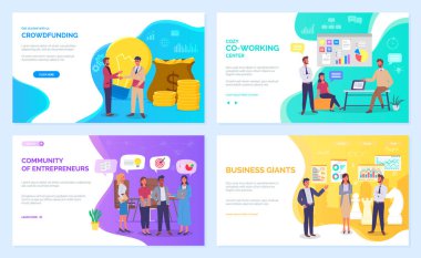 Stratejik planlama ve işletme yönetimi konsepti web sayfası. Modern planlama yenilikleri. Kitle fonlaması iniş sayfası şablonu, ortak çalışma merkezi, iş devleri, girişimciler topluluğu
