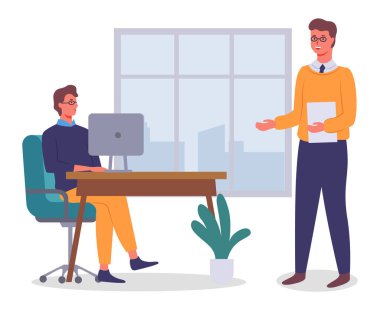 Ofis çalışanları. İş arkadaşları iletişim kuruyor. Yönetici, masada oturan adamla bilgisayar kullanarak konuşuyor. İş adamları yeni bir projeyi ya da birlikte çalışmayı tartışıyor. Şehir binalarının penceresi