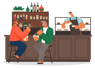 İki erkek arkadaş modern sandalyede oturmuş restoranda erişte yiyorlar. Erkek karakterler ellerinde sopa ve Japon yemekleri olan kutular tutuyorlar. İş ortakları kafenin içinde düz bir vektörde yemek yiyor.