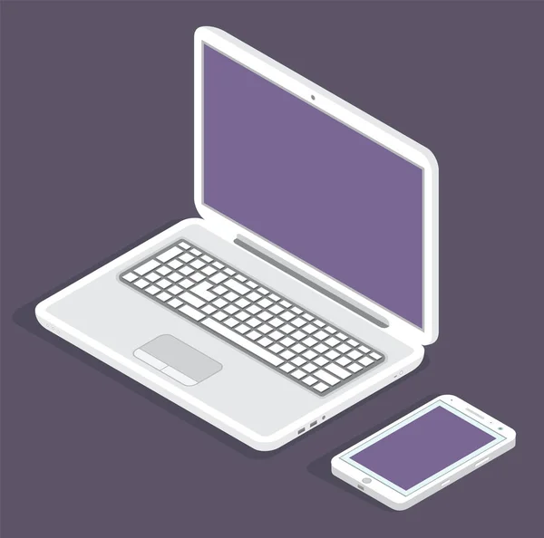 暗い背景に現代のラップトップと電話 白のガジェットは 空白の画面を持つ電子機器 オープンコンピュータやスマートフォン通信設備オフィス機器 アクセサリー事業者 — ストックベクタ
