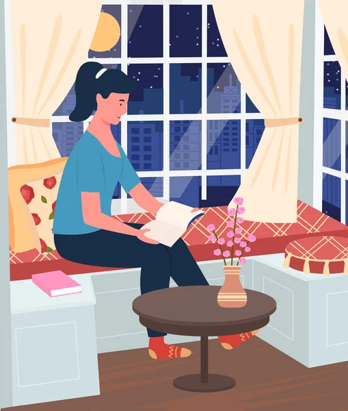 Молода Жінка Сидить Підвіконні Вдома Розслабляючи Читання Улюбленої Книги Біля — стоковий вектор