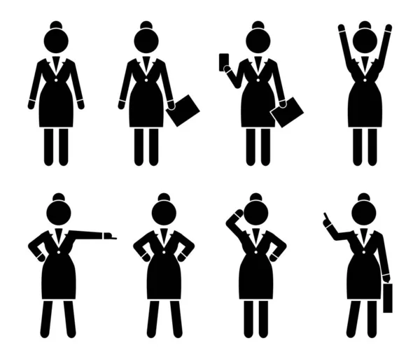 Zestaw Kobiet Biznesu Czarne Sylwetki Ikon Różnych Dziewcząt Kobiety Akcji — Wektor stockowy